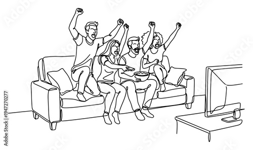 Friends cheering on sofa watching television in continuous line drawing style