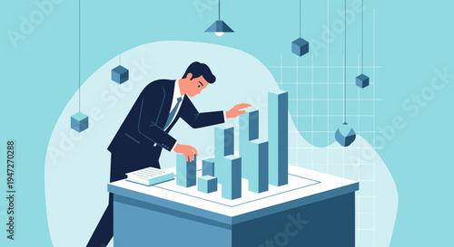 Businessman analyzing 3D bar chart model on table, business growth concept