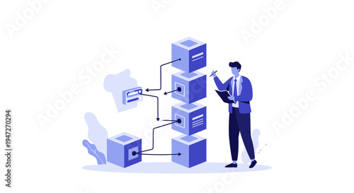 Businessman analyzing blockchain data cubes, digital transformation and network concept