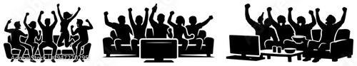 People silhouettes cheering on couch watching sport matches in black and white style
