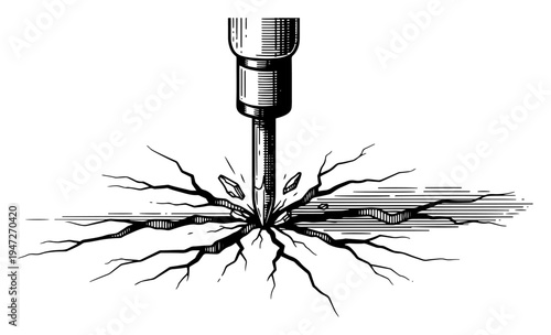 Jackhammer bit breaking through concrete surface with spreading cracks in hand drawn engraving style