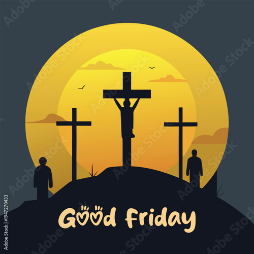 Good friday crucifixion scene with jesus on cross at sunset