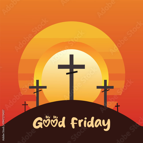 Three crosses on hill at sunset on good friday