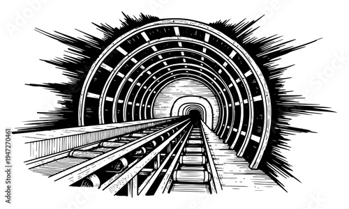 Industrial tunnel with railway tracks in dramatic woodcut engraving style