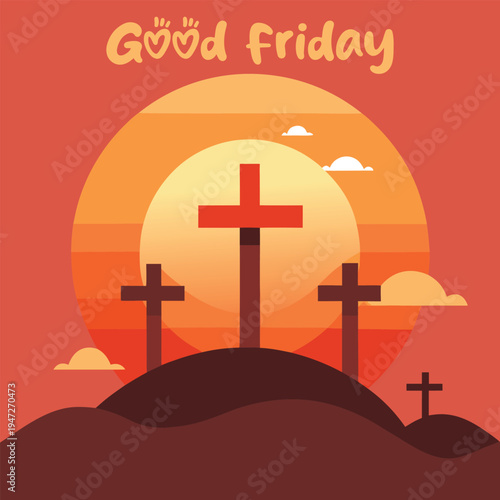 Good friday religious scene with three crosses at sunset