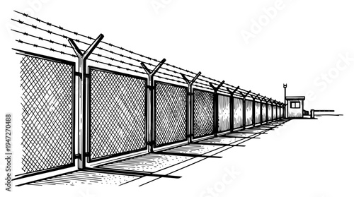 High security fence with barbed wire and guard post in monochrome engraving style