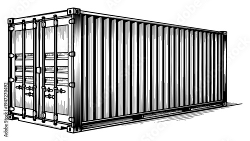 Shipping container for global cargo transport in black and white woodcut style