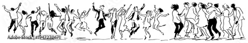 Group of happy people dancing and jumping together in celebration line art style