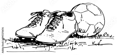 Soccer shoes and football ball on grass field with hand drawn sketch style