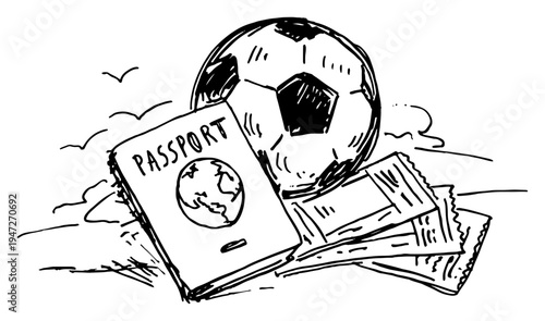 Soccer ball with passport and stadium tickets for international sport travel in sketch style