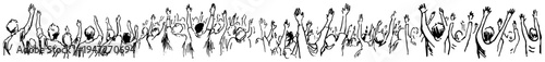 Cheering crowd of people with raised hands at sport event or concert in hand drawn sketch style