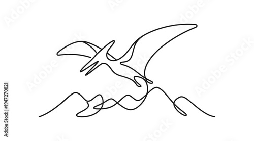 Pterodactyl Flying Over Mountains Continuous Single Line Minimalist Prehistoric Dinosaur Line Art Illustration