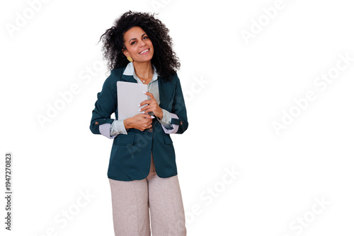 Confident businesswoman smiling, holding a tablet, managing technology and corporate workflow with space for text
