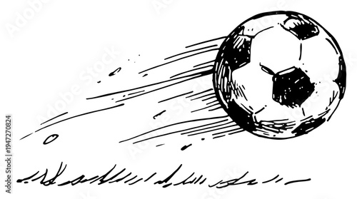 Soccer ball flying through the air with motion lines over grass in ink sketch style