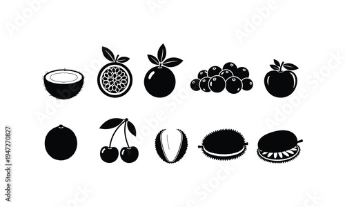 Diverse collection of tropical and common fruits depicted in simple black and white line art
