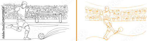 Orange and black line art vector of a soccer player striking a ball. Featuring a cheering stadium crowd and dynamic action lines, it captures the high-energy excitement of a professional match.