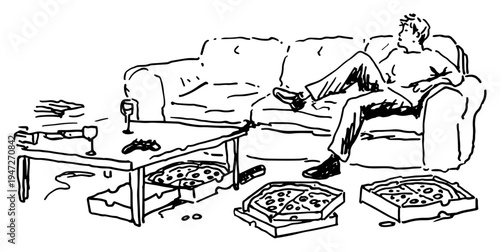 Man relaxing on sofa with pizza boxes and messy table in hand drawn line art style