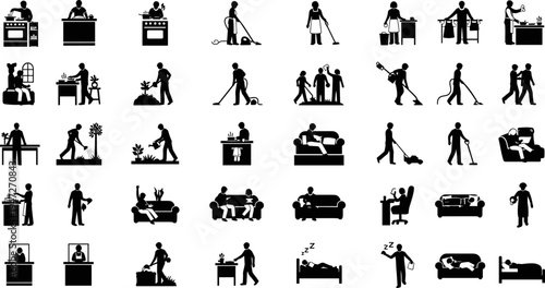 Black vector silhouette icons of people performing household chores, cooking in kitchen, gardening, cleaning floors, laundry, sleeping on sofa, and relaxing at home.