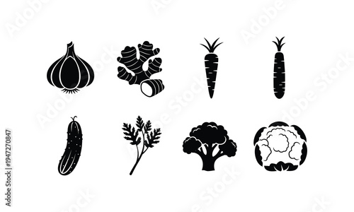 Illustrations of various root vegetables and leafy greens in black and white
