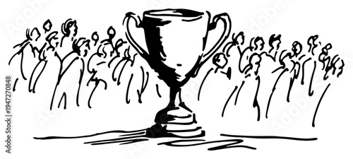 Trophy cup being celebrated by a crowd of fans in a hand drawn sketch style