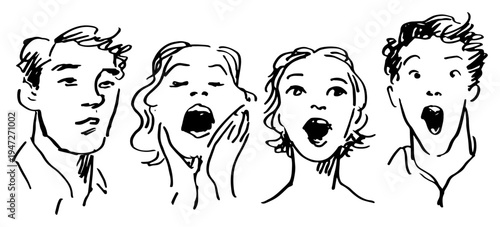 Faces of young people showing shock amazement and surprise in hand drawn ink sketch style