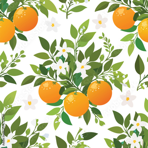 Vibrant orange fruits and green leaves seamless pattern on white background