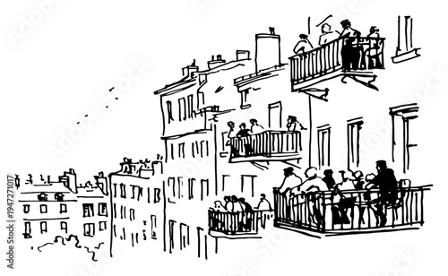 European city building facade with people standing on balconies in architectural sketch style