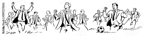 Businessmen in suits celebrating success and victory with soccer ball in expressive ink sketch style