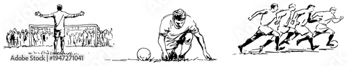 Soccer players in various action scenes and victory celebration in hand drawn sketch style