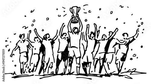 Sports team celebrating championship win with trophy cup in ink doodle style