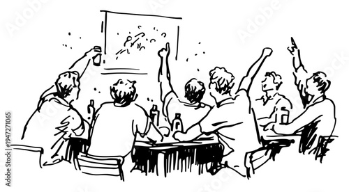 Friends watching football game on television and cheering in pub doodle style