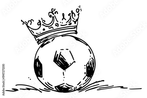Soccer ball with royal crown representing sports championship in hand drawn sketch style