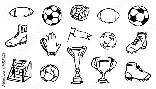 Football equipment and sports trophies icons set in hand drawn doodle style