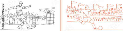 Blue and black line art vector of soccer players in action. Shows athletes dribbling and shooting at a goal with a cheering crowd in the background, capturing a high-energy match moment.