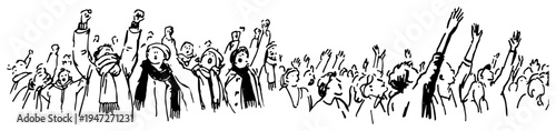 Crowd of cheering fans with raised hands in hand drawn sketch style