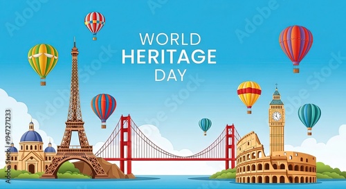 World Heritage Day landmarks with hot air balloons flying isolated on transparent background