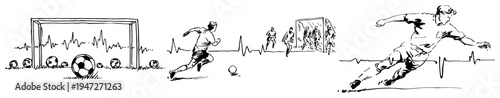 Soccer players in action near goal post combined with heartbeat pulse line ink sketch style