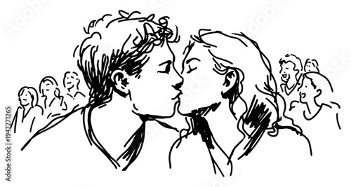 Young couple kissing among crowd of people in expressive ink sketch style