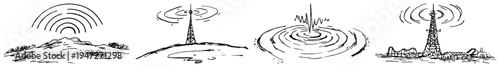 Radio transmission towers emitting signal waves over hills and water in vintage engraving style