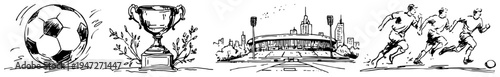 Sports elements collection featuring soccer ball trophy stadium and players in hand drawn line art style