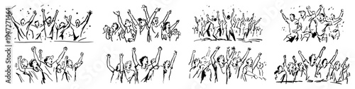 Crowds of fans cheering and raising hands during sports event in hand drawn line art style