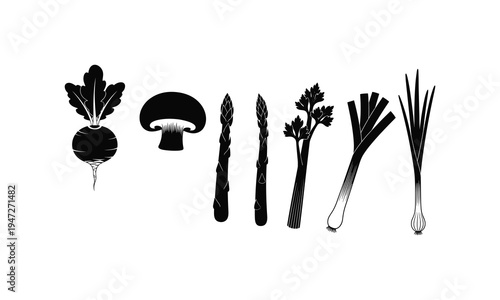 Illustrated black and white line drawing of various vegetables and fungi