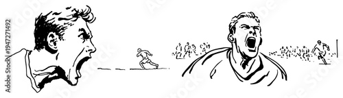 Soccer players shouting with emotion and passion during football match in hand drawn sketch style