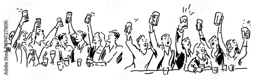 Friends cheering and raising glasses in a pub or bar in hand drawn line art style