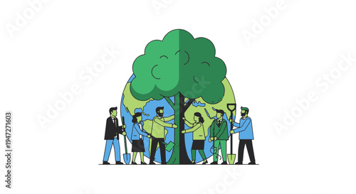 Diverse Group of People Planting a Tree on Planet Earth Symbolizing Environmental Care and Global Sustainability Efforts