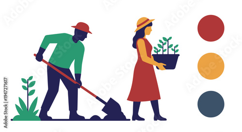 Cuadro en lienzo Diverse Pair Planting Seedlings in Garden with Shovel and Potted Plant Vibrant P