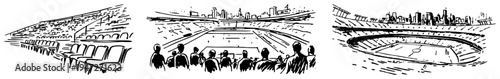 Various perspectives of sports stadium with seats and crowd in hand drawn line art style