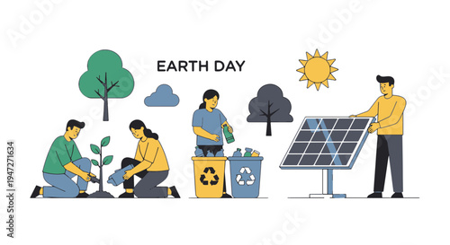 Diverse People Engaged in Earth Day Environmental Activities Like Planting Trees Recycling and Using Solar Energy for Sustainability