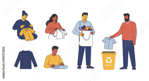Diverse People Engaging in Sustainable Textile Recycling and Garment Care Activities