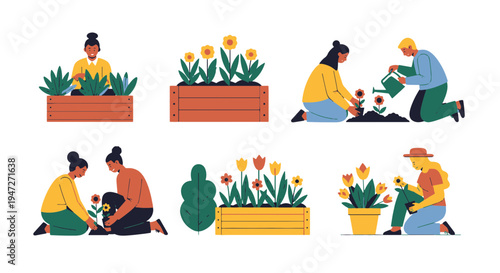 Diverse People Gardening Together in Planters Planting Flowers and Watering Plants for Outdoor Cultivation Scenes